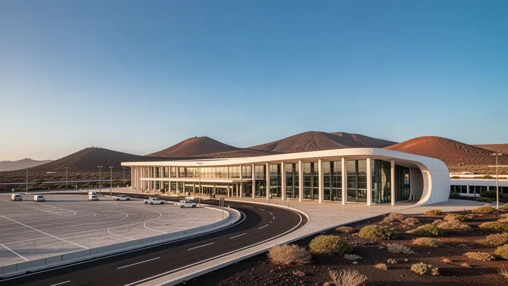 Exterior moderno de cristal y hormigón de la terminal del Aeropuerto Internacional Cesaria Evora cerca de Mindelo, Cabo Verde, con luz atlántica dorada