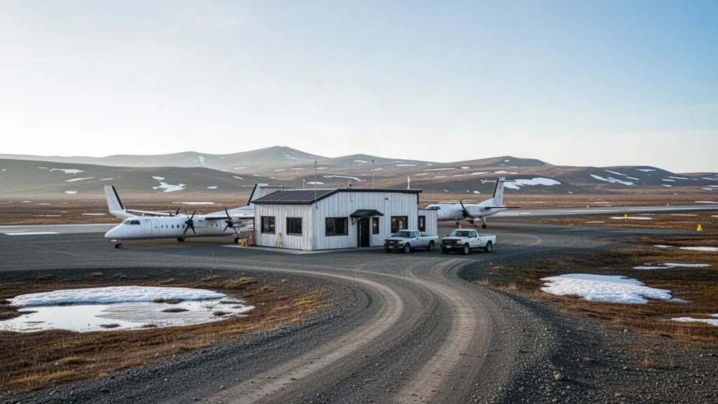 Remote gravel runway, small utilitarian terminal and parked turboprop at Wales Airport on Alaska's Seward Peninsula