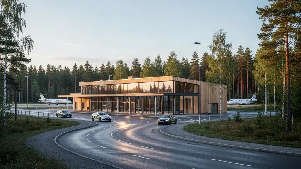 Moderne Terminalfassade aus Glas und Holz am Flughafen Växjö Kronoberg, umgeben von Kiefernwald in Småland zur goldenen Stunde