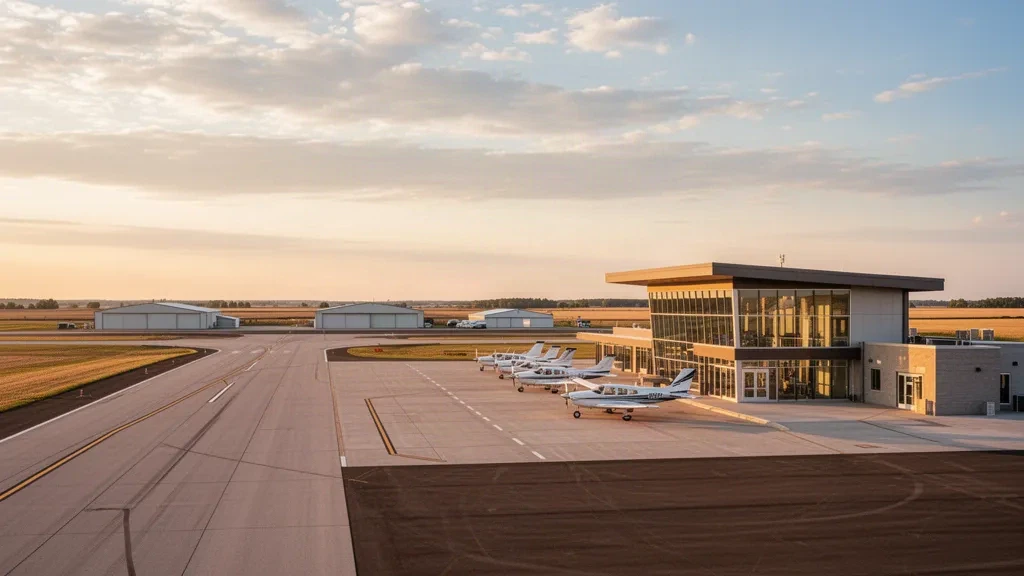 Blick zur goldenen Stunde auf das moderne Terminalgebäude am Illinois Valley Regional Airport im LaSalle County, Illinois, mit einer Start- und Landebahn und Hangars im Hintergrund.