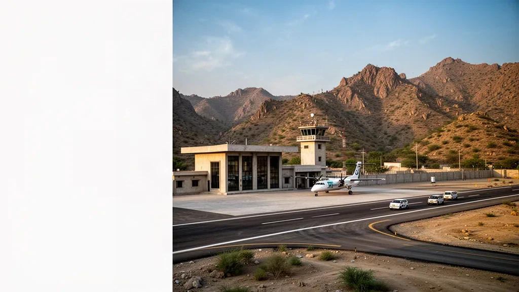 Pequeña terminal de aeropuerto regional, plataforma y pista en Wana, Waziristán del Sur, rodeada de escarpadas montañas áridas bajo una luz clara.