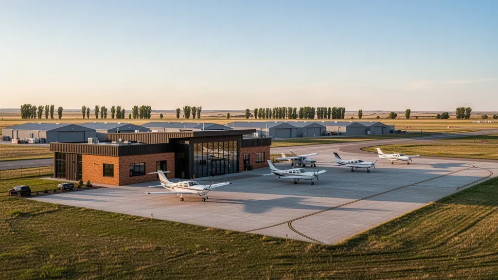 Small general aviation terminal and aircraft apron at Harry Stern Airport in Wahpeton, North Dakota at golden hour