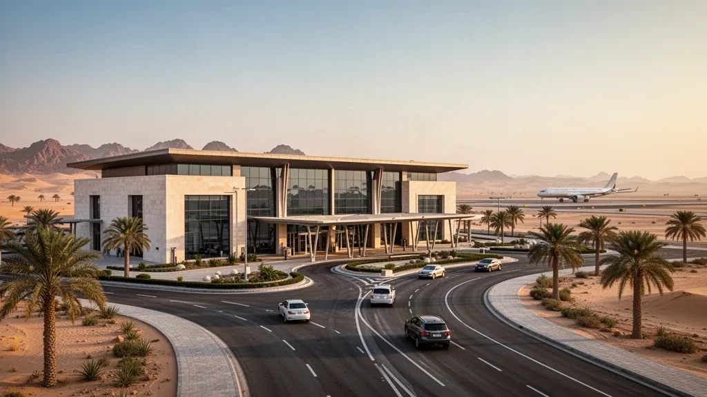 Exterior moderno de vidrio y piedra de la terminal del Aeropuerto Nacional de Wadi Al Dawasir en Arabia Saudí, enmarcado por un paisaje desértico bajo una cálida luz dorada