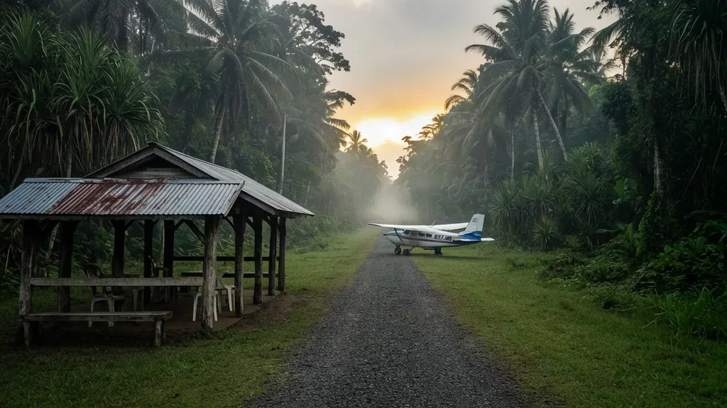 Pista de hierba y avión monomotor en el aeropuerto de Wawoi Falls WAJ, una pista tropical remota rodeada de selva de Papúa Nueva Guinea