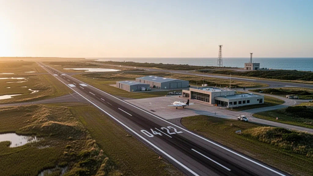 Piste côtière, marais et structures lointaines de pas de tir à l'aéroport de Wallops Flight Facility en Virginie à l'heure dorée