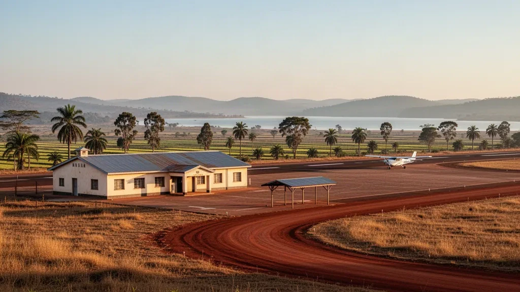 Pequeña pista de aterrizaje rural en el aeropuerto de Ambatondrazaka, Madagascar, con una carretera de tierra roja, una terminal modesta y vistas a las tierras altas a la hora dorada