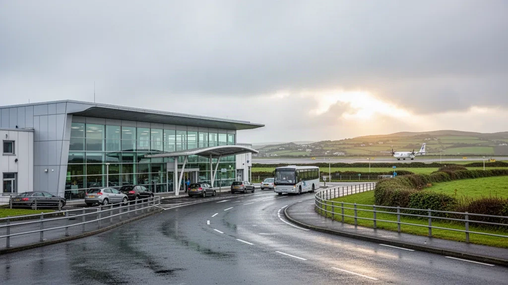 Modern glass terminal exterior at Waterford Airport in Ireland with apron views and soft Atlantic daylight