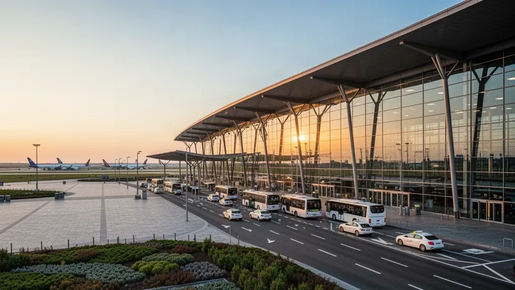 Modern glass terminal exterior and curbside drop-off lanes at Warsaw Chopin Airport under warm golden-hour light