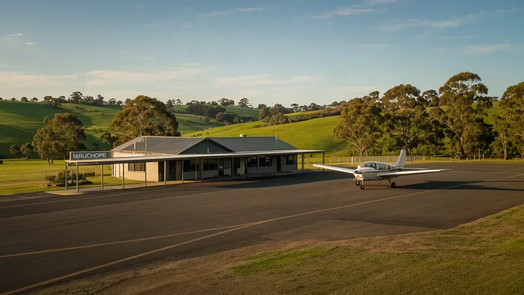Exterior view of Wauchope Airport in New South Wales, Australia, showing a small regional terminal, apron, and light aircraft under clear skies.