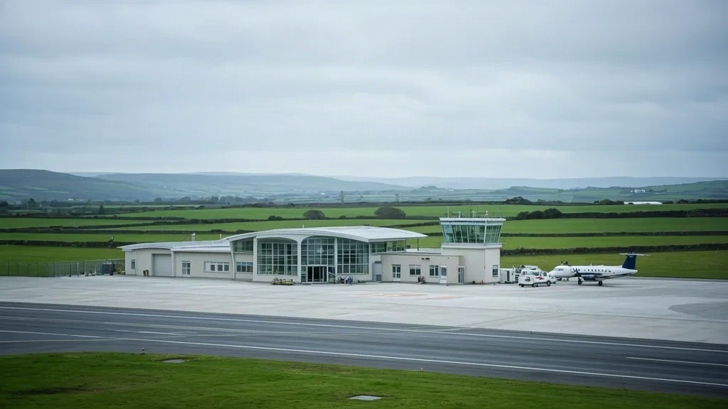 Edificio terminal de poca altura con fachada de cristal y plataforma en el Aeropuerto de Waterford, en Irlanda, bajo una luz suave y nublada