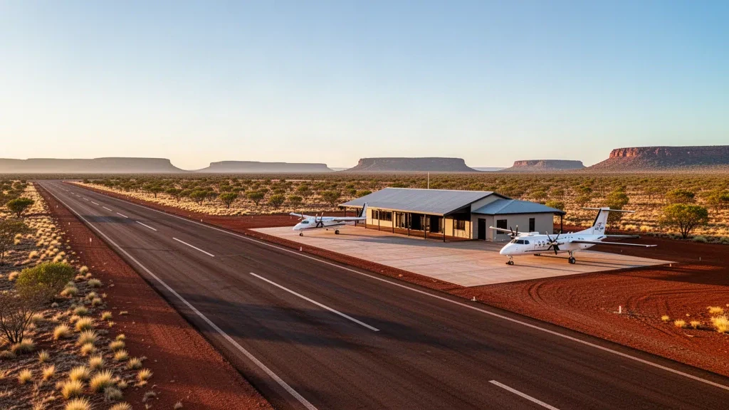 Small regional terminal and runway at Wave Hill Airport in the Northern Territory outback under golden sunrise light