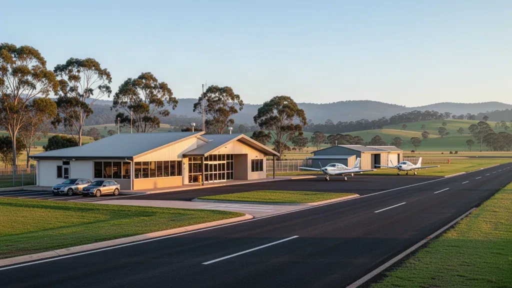 Terminal de aeropuerto regional de baja altura con aviones ligeros estacionados, arcenes de hierba y colinas onduladas en la Australia rural bajo la luz dorada de la mañana