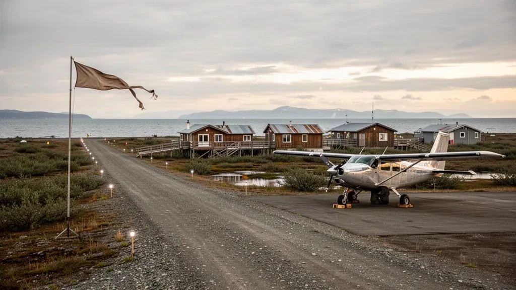 Gravel runway, windsock and small bush plane at remote Stebbins Airport in Alaska, surrounded by tundra and coastal water under soft golden light.