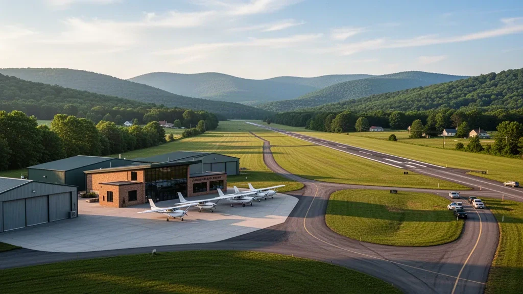 Petit avion léger stationné sur le tarmac de l'aéroport de Greene County près de Waynesburg, en Pennsylvanie, avec les collines boisées des Appalaches en arrière-plan