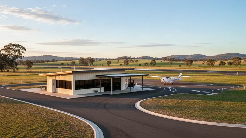 Kleines regionales Flughafenterminal und Startbahn am Flughafen Warwick in Queensland, Australien, beleuchtet vom warmen Licht der goldenen Stunde.