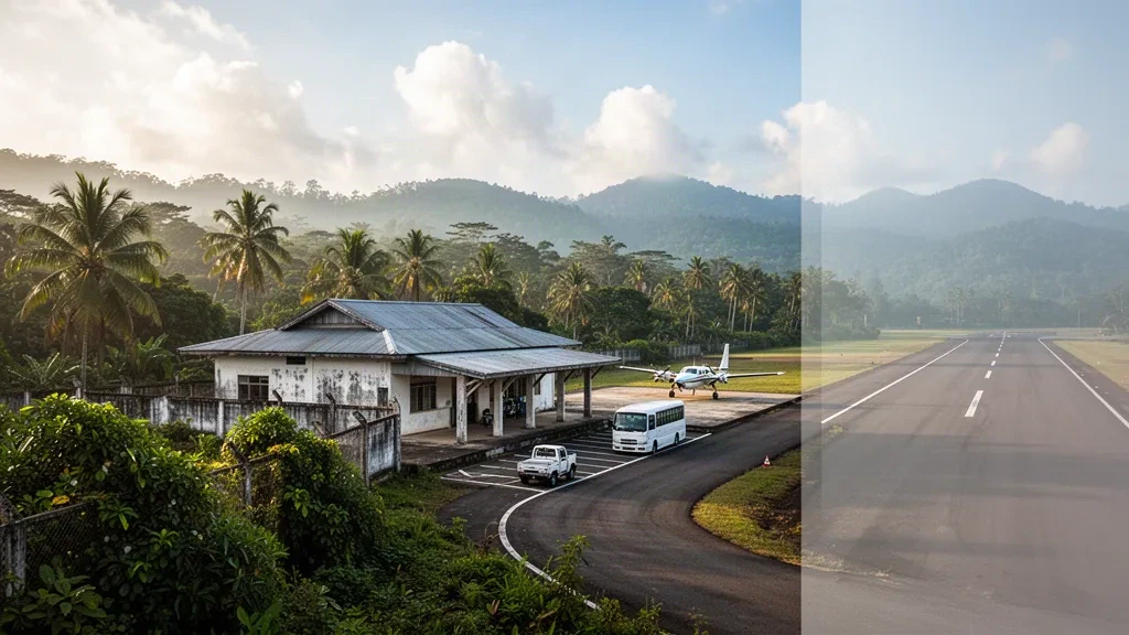 Terminal tropical compact de l'aéroport de Wapolu et tarmac de la piste entourés de collines verdoyantes et d'une lumière chaude d'après-midi