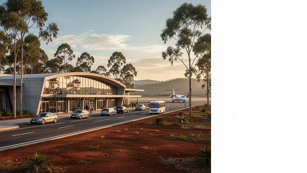 Modern terminal exterior and drop-off area at Avaratra Airport in Madagascar during golden hour, with cars and tropical highland scenery.
