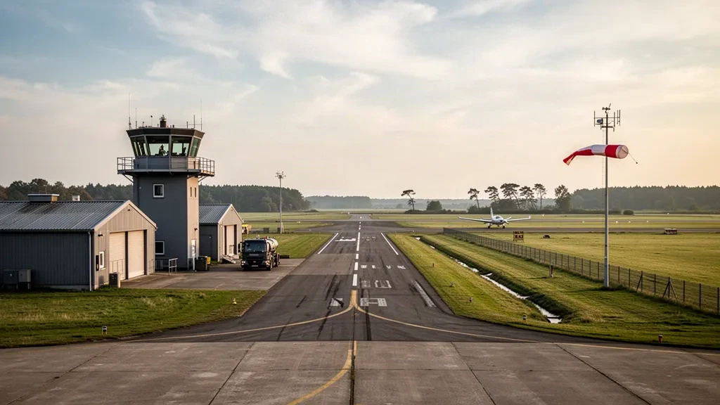 Plataforma y torre de control de la Base Aérea de Schleswig en el norte de Alemania con una calle de rodaje, hangares grises y cielo abierto en hora dorada