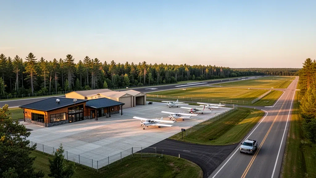 Aeropuerto Comunitario de West Branch en Míchigan con una pequeña terminal moderna, hangares y aviones monomotor en la plataforma a la hora dorada