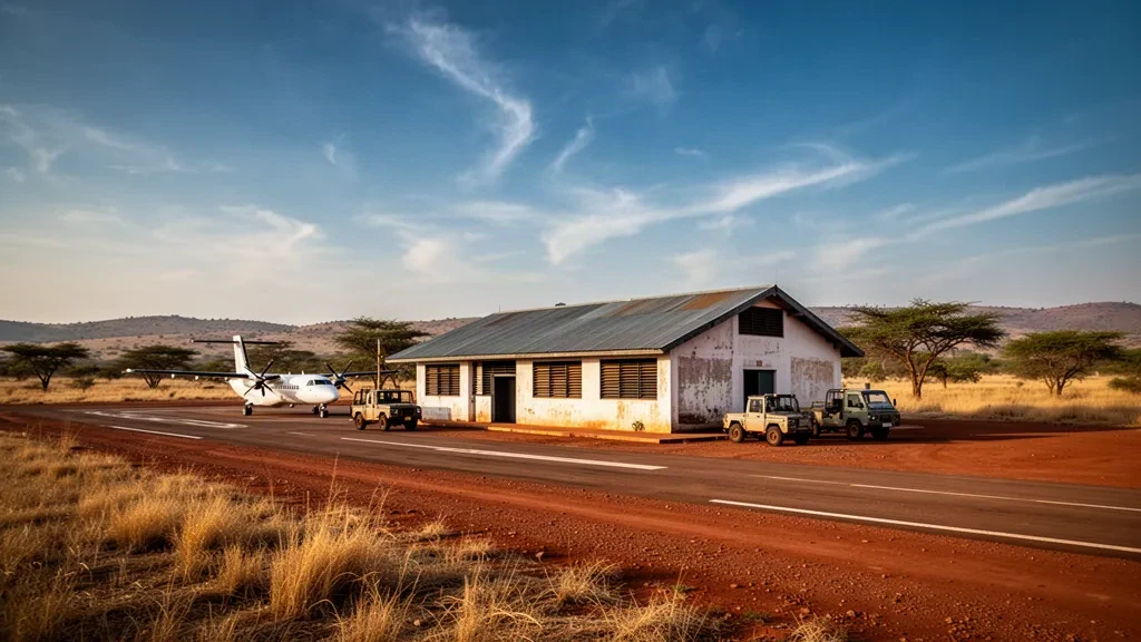Small regional terminal and airstrip at Antsoa Airport in Beroroha, Madagascar, under warm late-afternoon light