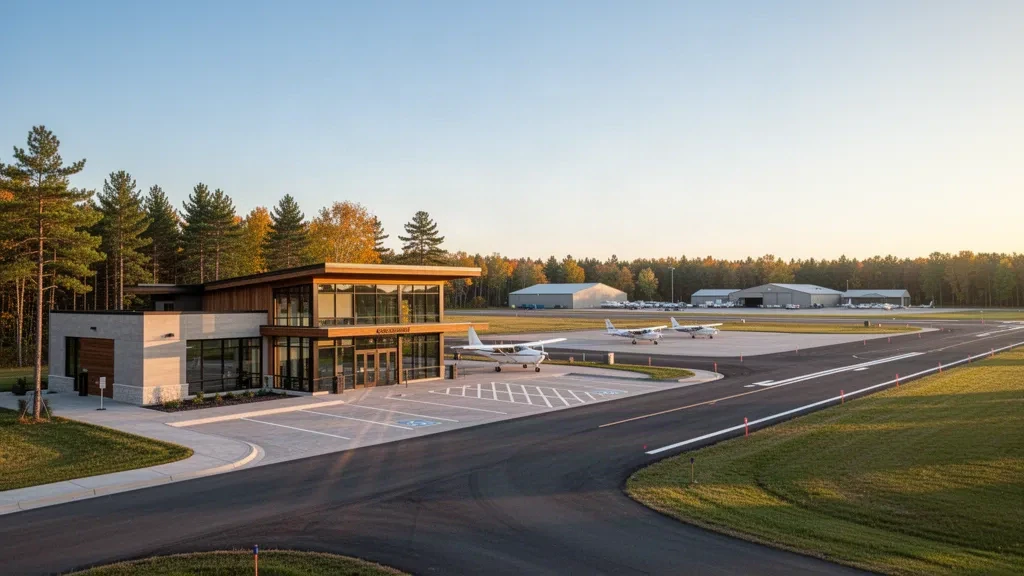 Roben-Hood Airport terminal, apron and runway in Big Rapids, Michigan, with parked aircraft and warm golden-hour light.