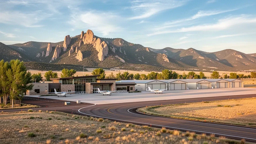 Plataforma de aviación general, hangares y aviones estacionados en el Aeropuerto Municipal de Boulder con las Flatirons de Colorado y las estribaciones de las Montañas Rocosas al fondo