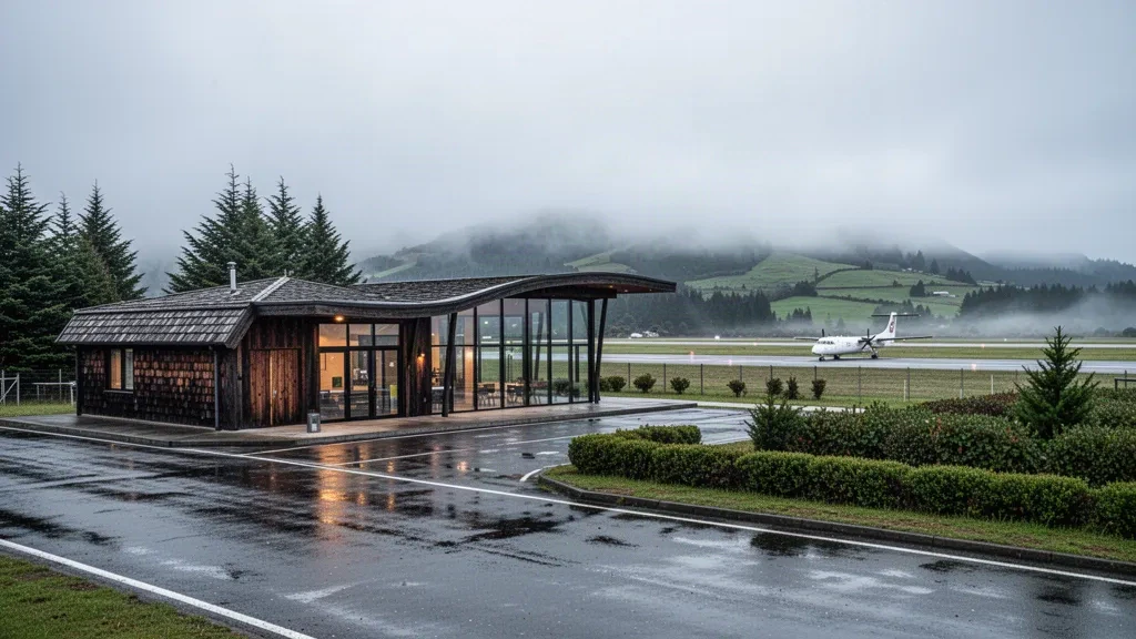 Low-rise timber and glass terminal at Gamboa Airport on Chiloé Island, Chile, with wet tarmac, green hills and morning mist.