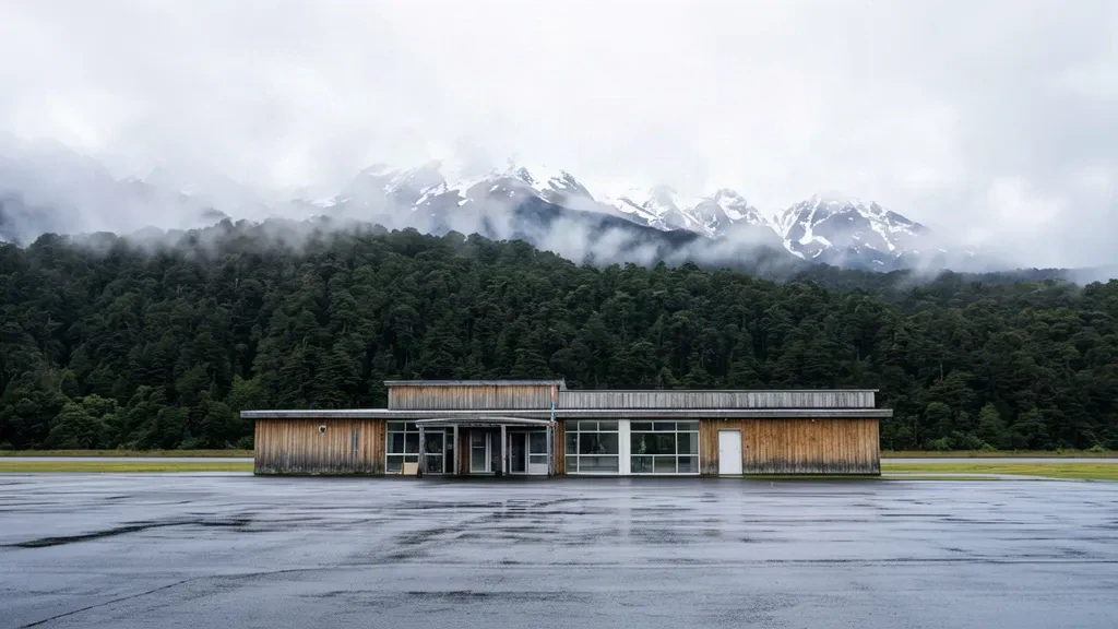 Small timber terminal building at Nuevo Chaitén Airport WCH in Chilean Patagonia, surrounded by rainforest under a soft overcast sky