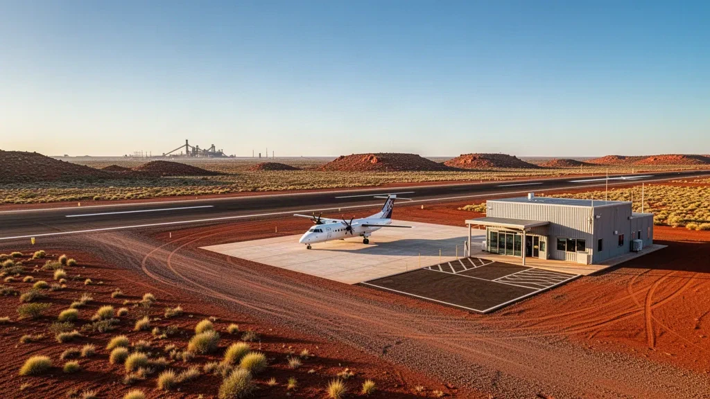 Pista sellada remota y avión turbohélice estacionado en el Aeropuerto de Carosue Dam en el interior de Australia Occidental durante la hora dorada