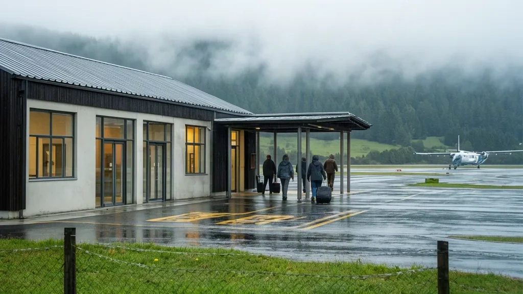 Pequeño edificio de terminal regional en el Aeropuerto de Gamboa, en Chiloé, Chile, con plataforma mojada, colinas neblinosas y viajeros en un día nublado