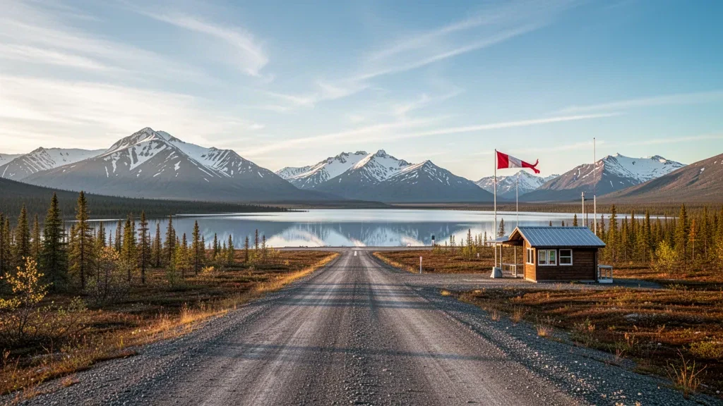 Pista remota de grava en el aeropuerto de Chandalar Lake, en Alaska, rodeada de naturaleza salvaje y montañas bajo una luz suave.