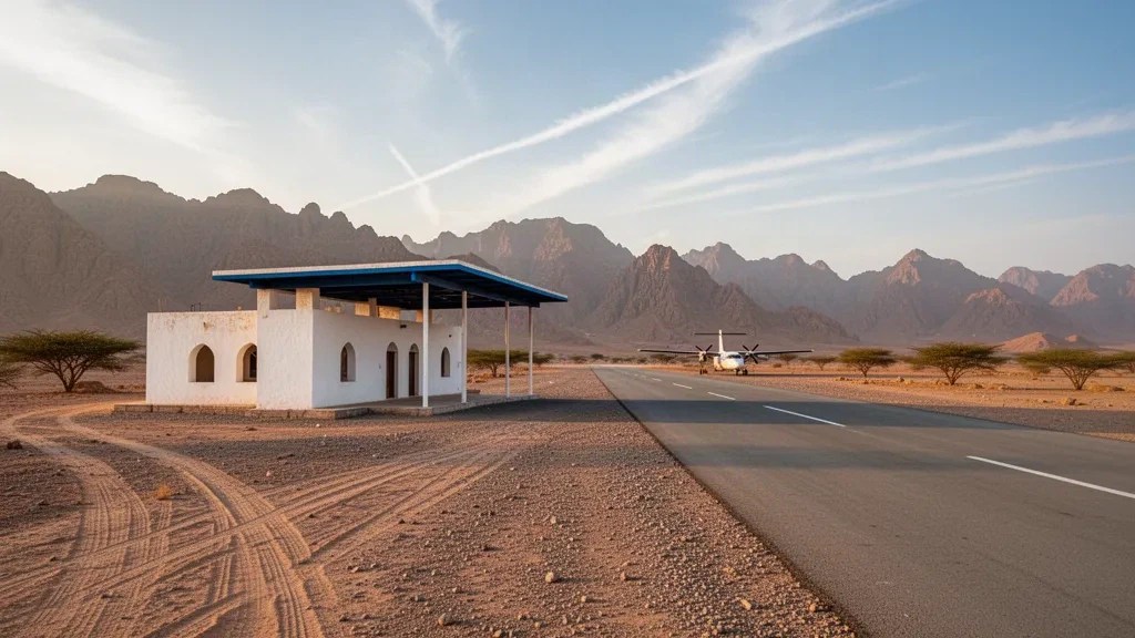 Small desert terminal and narrow runway at Wadi Ain Airport in Shabwah Governorate, Yemen, lit by warm late-afternoon sunlight.