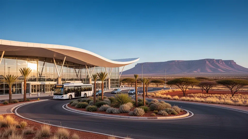 Modernes Terminal des Hosea Kutako International Airport und Aussteigespur nahe Windhoek zur goldenen Stunde, dahinter Savanne und Berge