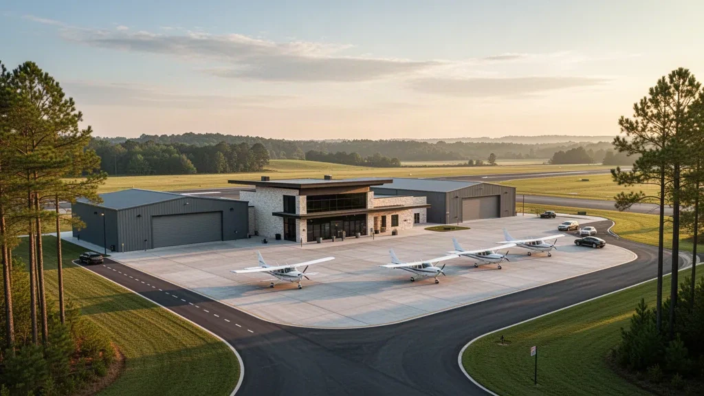Leichtflugzeug auf dem Vorfeld neben dem niedrigen Terminalgebäude des Barrow County Airport in Winder, Georgia, in warmem Licht der goldenen Stunde