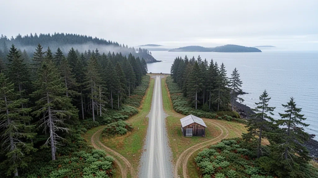 Piste en herbe et en gravier non revêtue de l'aérodrome de Waldron Island traversant la forêt de conifères et le littoral de la mer de Salish dans les îles San Juan, dans l'État de Washington