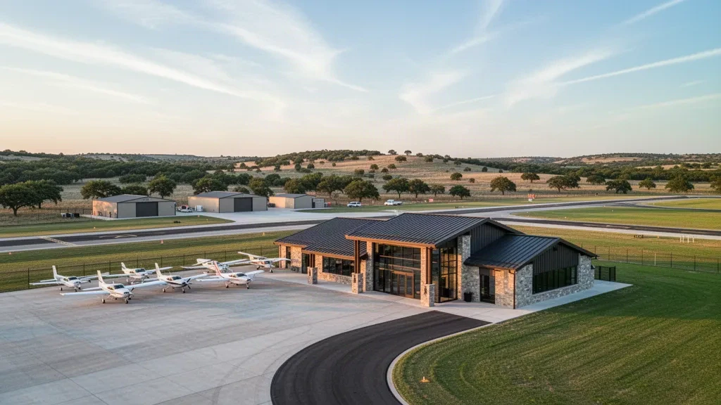 Leichtflugzeuge und niedrige Hangars am Parker County Airport nahe Weatherford, Texas, in warmem Licht des späten Nachmittags