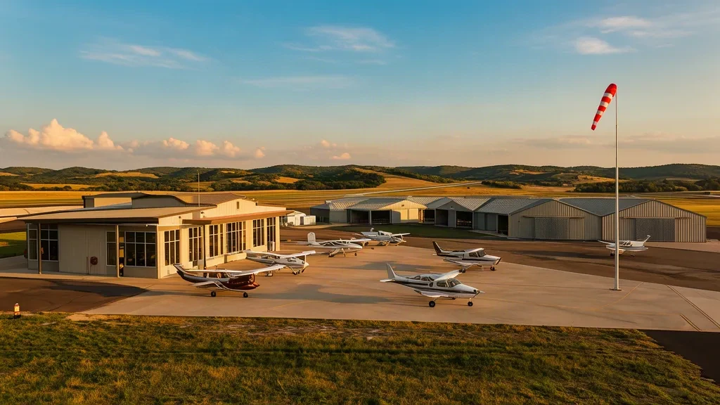 Pequeña terminal de aviación general y hangares en el Aeropuerto de Parker County, en Weatherford, Texas, en un día despejado.