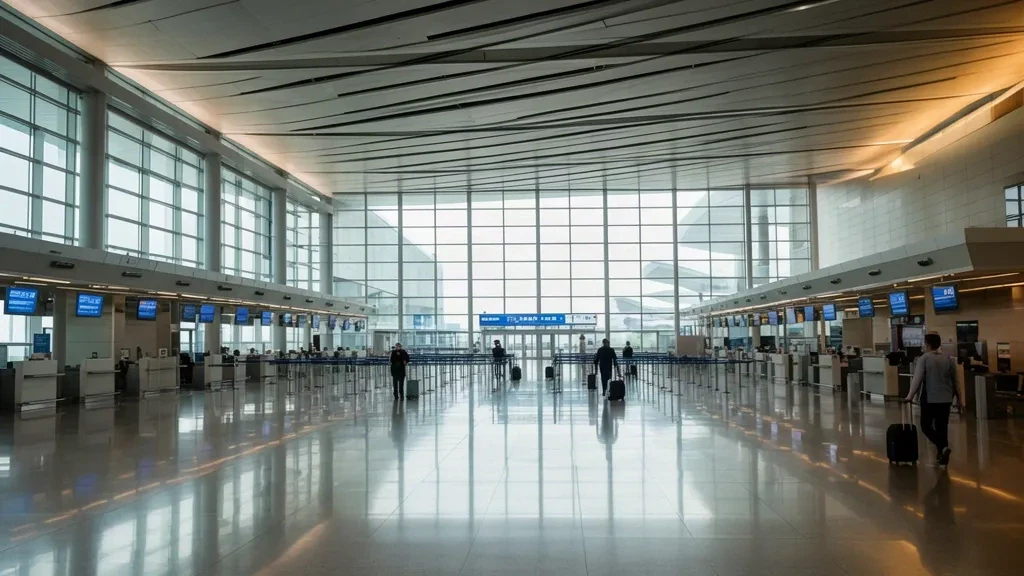 Spacious departure hall interior at Weihai Dashuibo Airport in Shandong, China, with check-in counters, glass walls, and natural daylight.