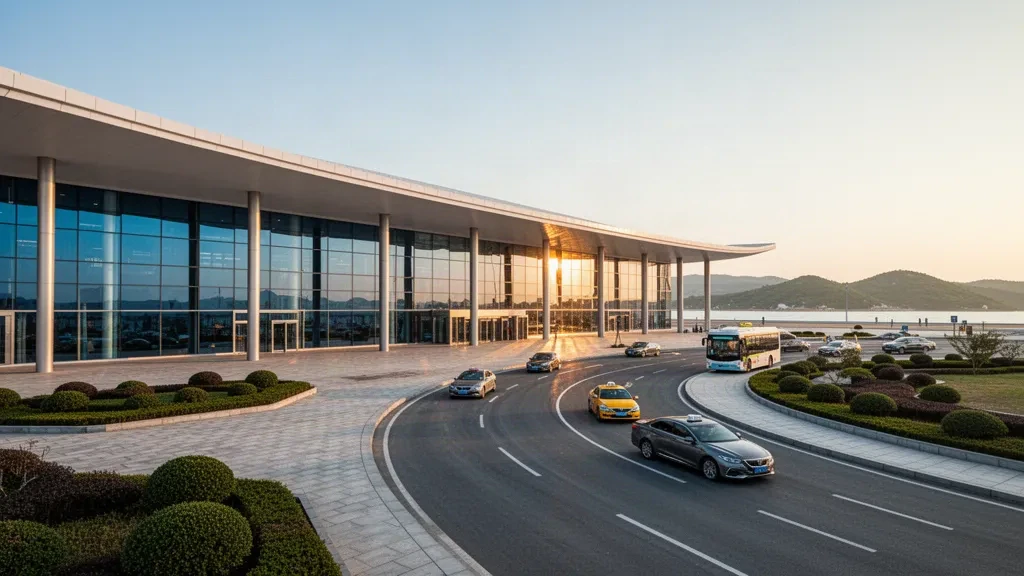 Moderno terminal esterno in vetro e strada a curva per la salita e discesa dei passeggeri all'Aeroporto di Weihai Dashuibo nello Shandong, Cina, in una calda luce dorata del tramonto.