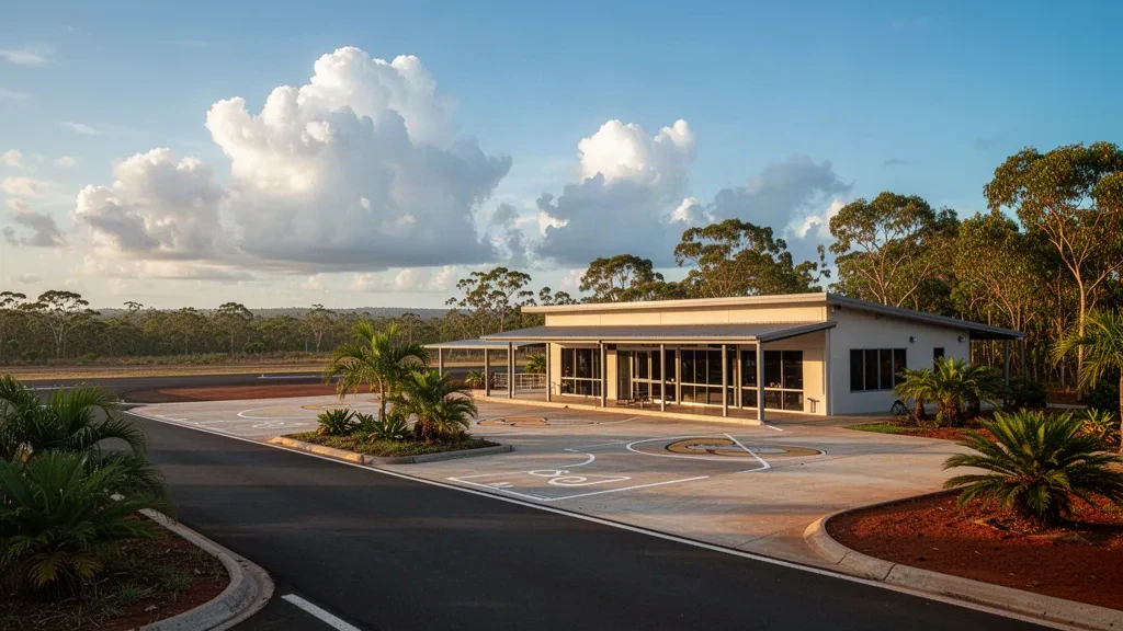 Terminal tropical bas et voie de dépose au bord du trottoir à l'aéroport de Weipa, dans la péninsule du Cap York, Queensland, éclairé par la chaude lumière du soleil de fin d'après-midi