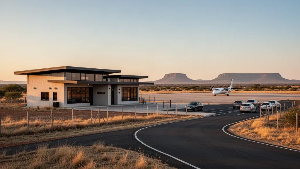 Güney Afrika'nın Free State bölgesindeki Welkom Havaalanı'nda sıcak akşamüstü ışığı altında alçak terminal binası ve açık apron