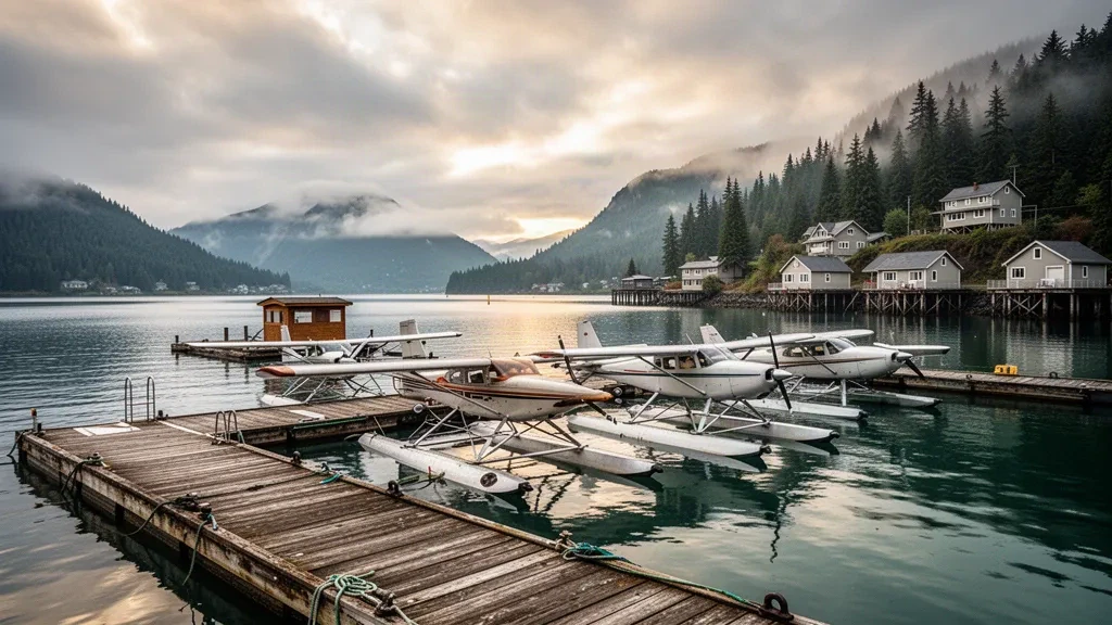 Floatplanes moored at a timber dock on Ketchikan Harbor in Alaska, with misty forested mountains and calm water behind