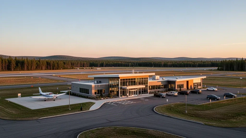 Modern terminal building at Northern Aroostook Regional Airport in Frenchville, Maine, with a runway and pine forests under golden hour light.