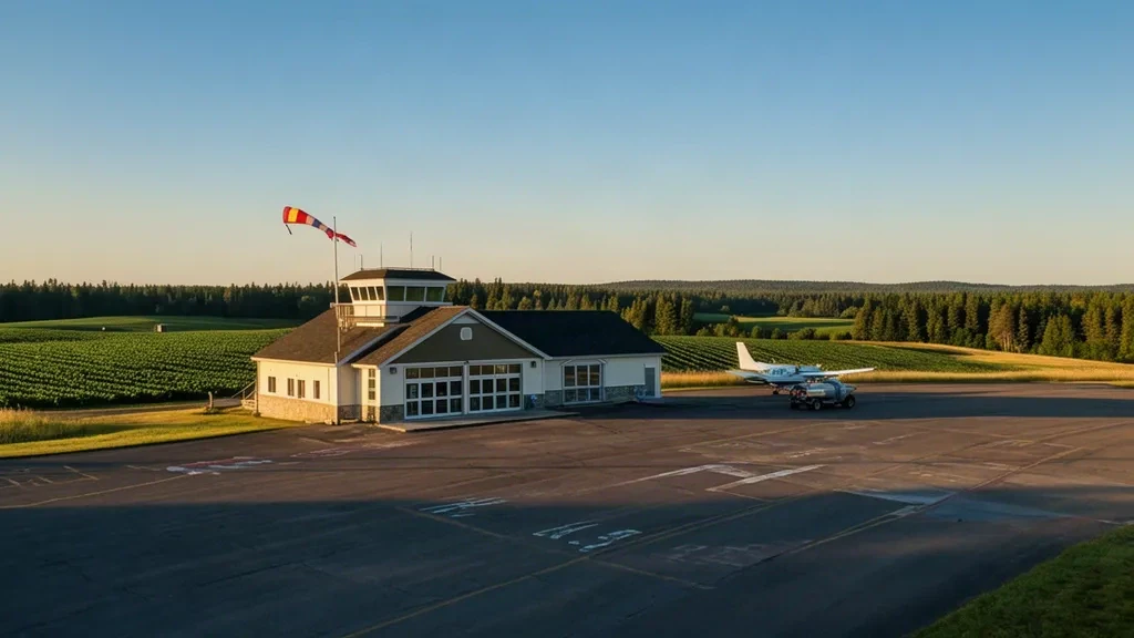 Exterior de la terminal del Aeropuerto Regional Northern Aroostook en Frenchville, Maine, junto a la plataforma pavimentada en la hora dorada.