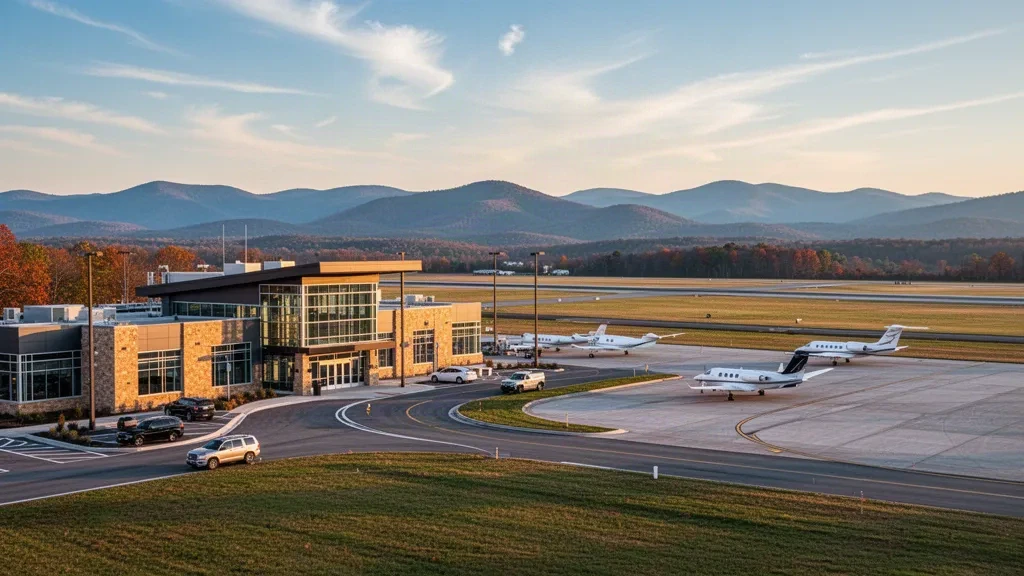 Modern terminal and runway at Winchester Regional Airport in Virginia, framed by Blue Ridge Mountains at golden hour.