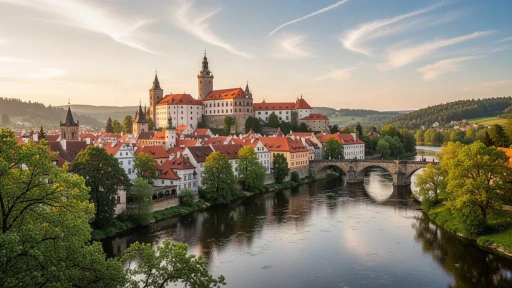 Český Krumlov Castle and the Vltava River winding through the historic town in the South Bohemian Region, Czech Republic, at golden hour.