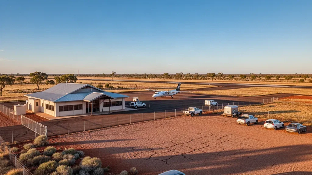 Outback New South Wales'teki Walgett Havalimanı'nda sıcak altın saat gökyüzü altında bölgesel terminal ve uçak park alanı