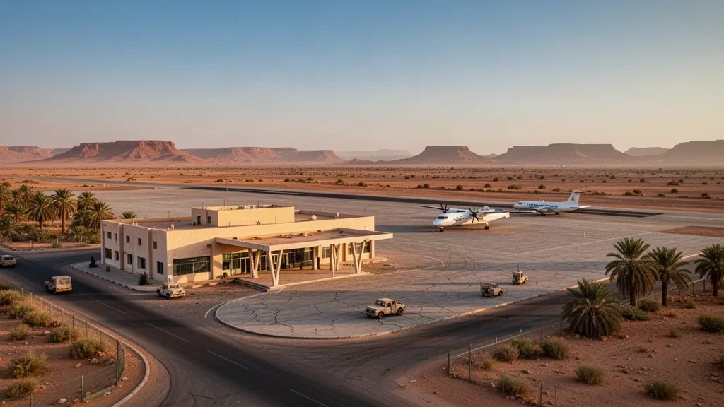 Golden-hour view of Wadi Halfa Airport in Sudan, with its low desert terminal, apron and aircraft beside the Nubian desert.