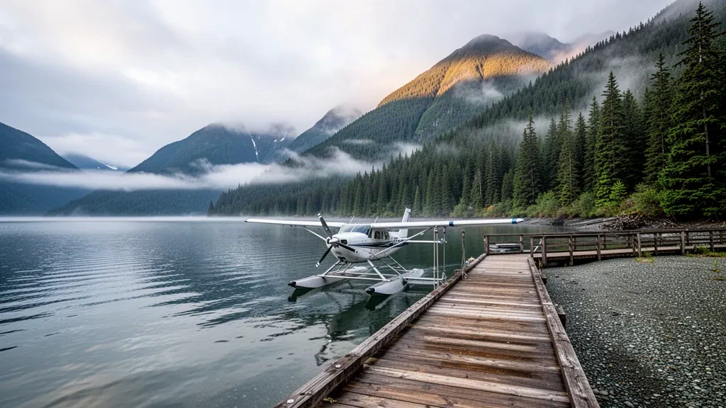 Floatplane moored at the wooden dock of Hyder Seaplane Base, Alaska, with misty coastal mountains and calm fjord water
