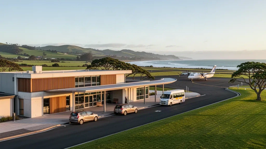 Vista al atardecer de la terminal de cristal de baja altura y el carril de bajada del aeropuerto de Whakatāne, con colinas costeras y la Bahía de Plenty al fondo.